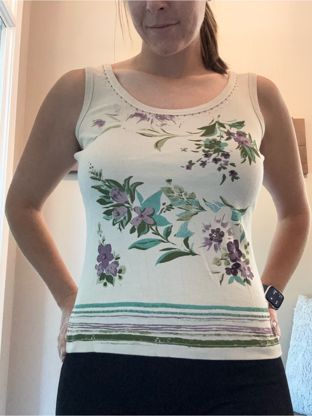 villager Cream Floral Tank Top with Purple & Green Print